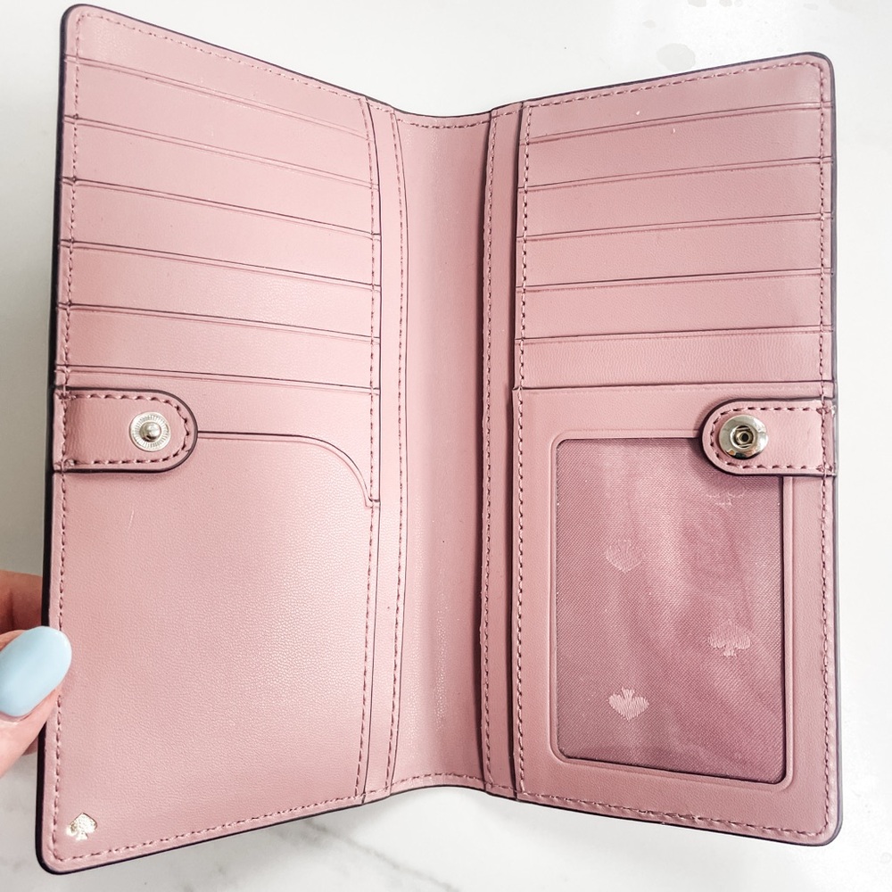 Kate Spade New York Pink Saffiano Leather Snap Wallet w/ ID Window & Zip Pocket - Picture 2 of 4